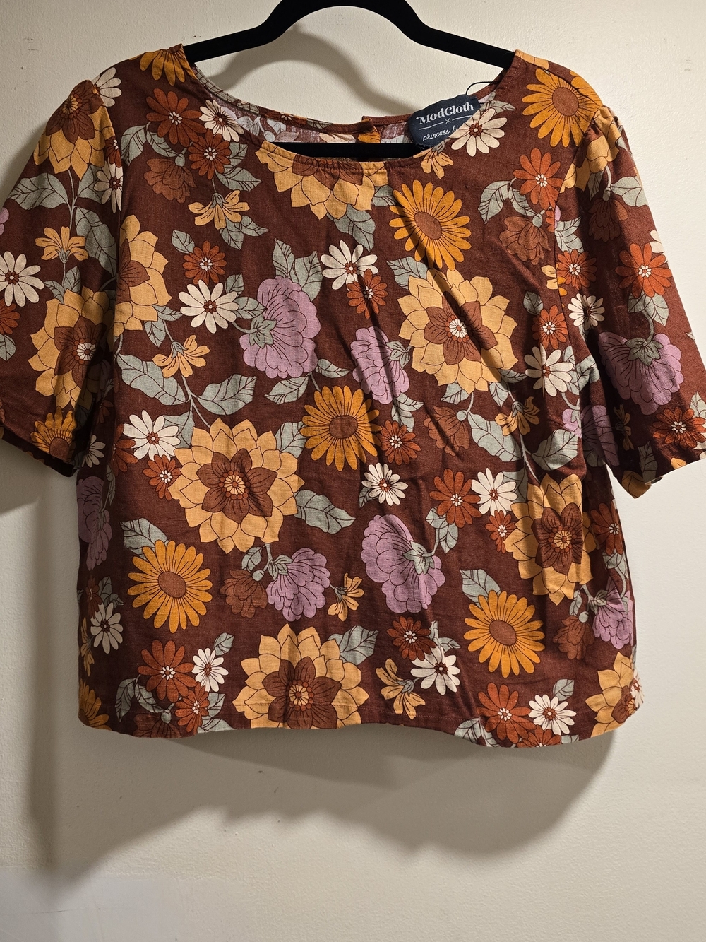 Princess Highway Brown Floral Short Sleeve Blouse with Yellow & Pink Blooms